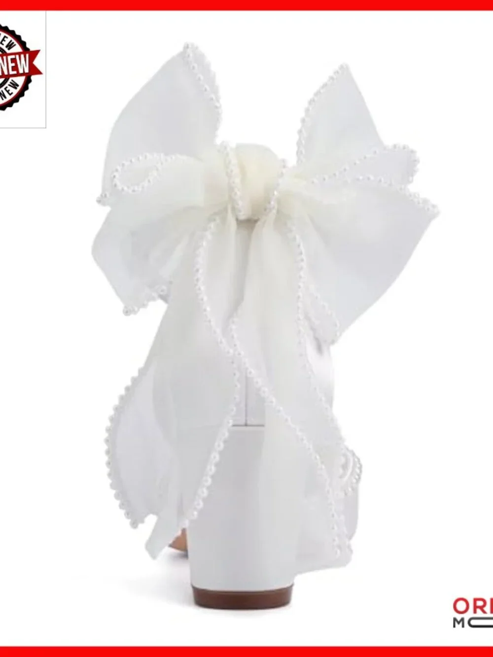 White Satin Block Heel Wedding Pumps with Pearl Ankle Strap and Bow